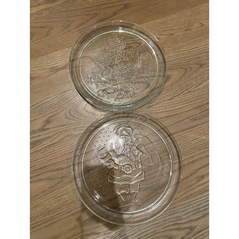 Set Of 2 Vintage Glass Christmas Platter 13 Inch Tree, Presents, Santa Pressed